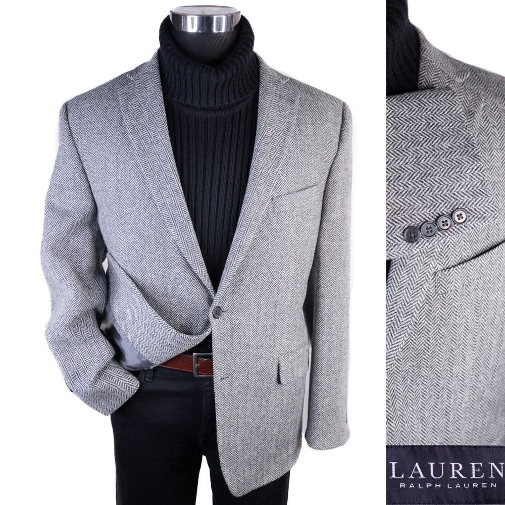 vSport Coat Men 44R Wool Herringbone Tweed Black Label Jacket